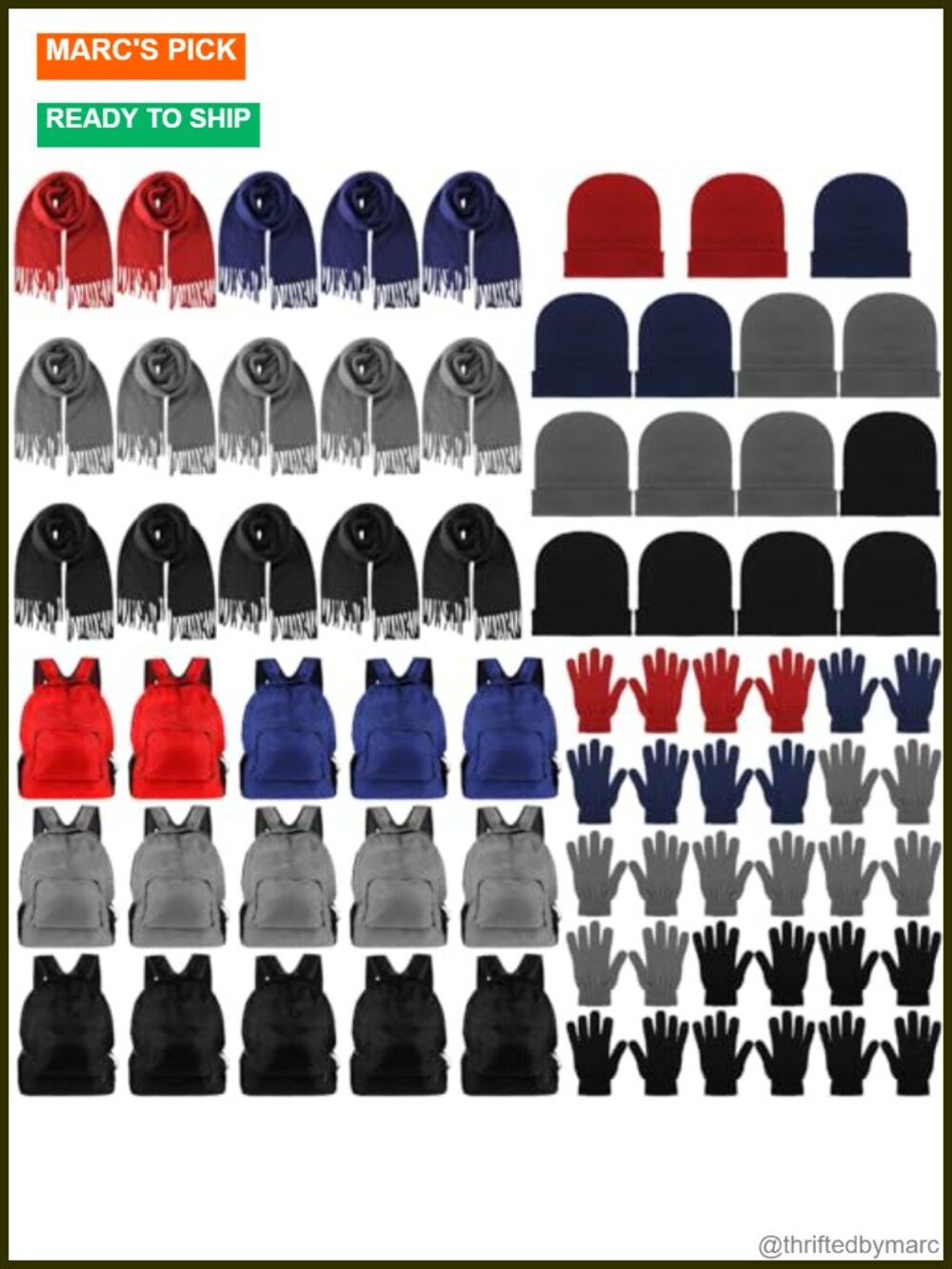 60 Pcs Winter Beanie Hats Gloves Scarves Backpacks Set Wool Yarn Fleece Oxford
